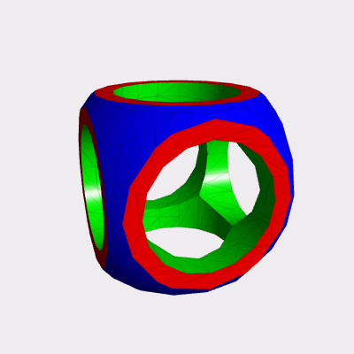 A screenshot of a mesh generated with the CSG.js library.  It shows a shape produced by cutting several other shapes out of a sphere, and it's rendered with the wireframe visible.