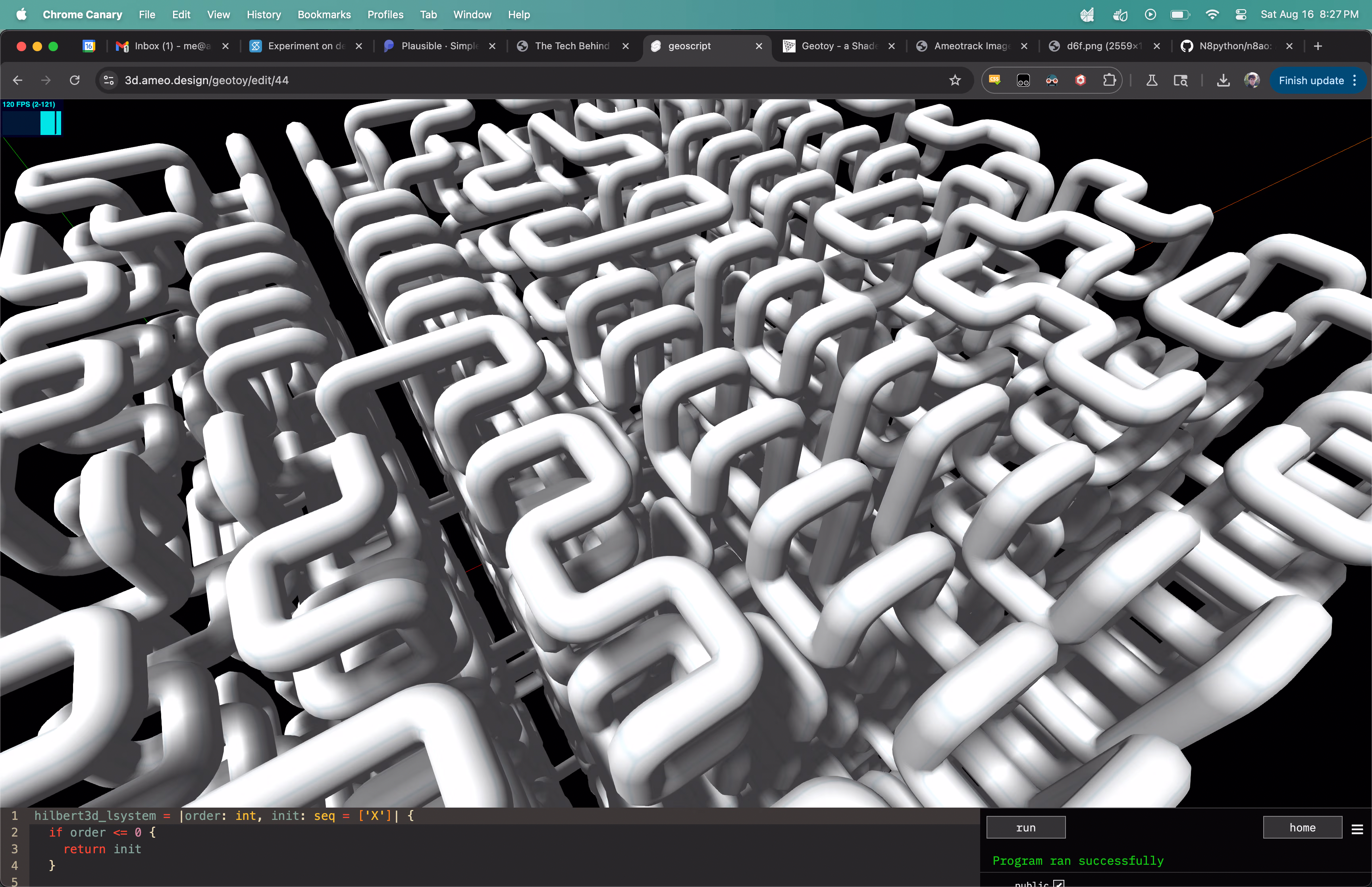 A screenshot of a 3D Hilbert curve rendered with Three.JS. The curve is textured with a white texture with blue lines on a black background without SSAO.  It appears rather bright and mostly uniformly lit with some shadows in certain areas, but not too much.