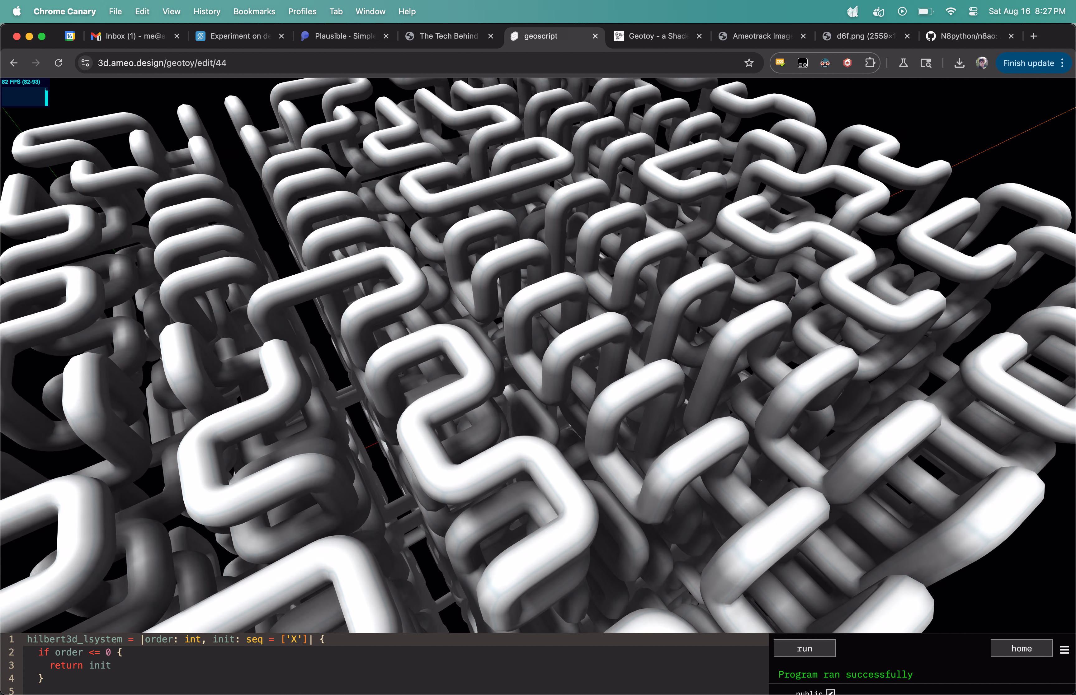 A screenshot of a 3D Hilbert curve rendered with Three.JS. The curve is textured with a white texture with blue lines on a black background with SSAO. It appears darker overall, with more pronounced shadows in the crevices and areas where parts of the curve are close together, giving it a greater sense of depth and dimensionality.