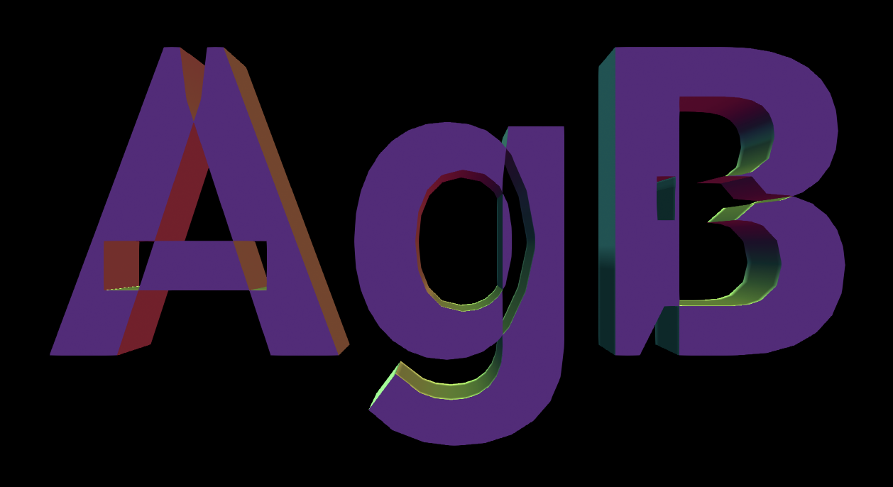 A screenshot of a mesh generated from some text containing the letters “agB”. There are some artifacts and gaps in the letters that appear to be in areas where the different parts of the strokes that form the letters intersect each other.