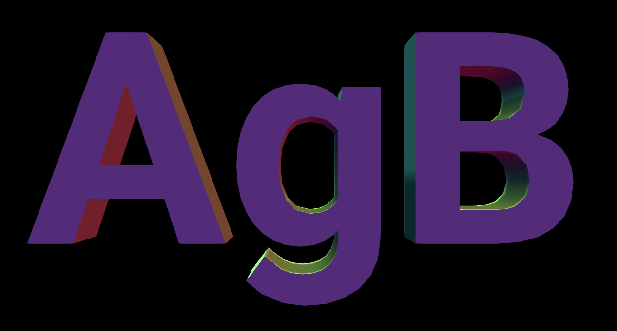 A screenshot of a mesh generated from some text containing the letters “agB”. The letters appear well-formed with no artifacts or gaps missing in areas where the different parts of the strokes that form the letters intersect each other.