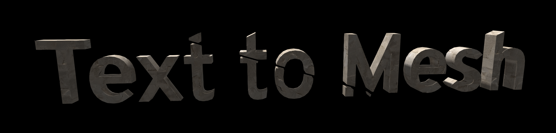 A screenshot of a 3D mesh which shows the text “Text to Mesh”. It is split with a diagonal line through the middle, and the right side is slightly thicker. It is textured with a tan concrete/stone like texture and rendered with shadows and lighting.