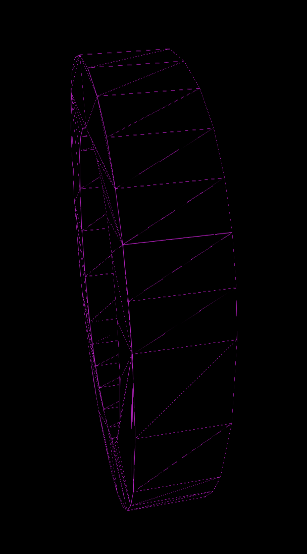 A screenshot a mesh representing the 3D letter O, rendered with a magenta wireframe and viewed edge-on. The triangle strips used to bridge the top and bottom face together are clearly visible.