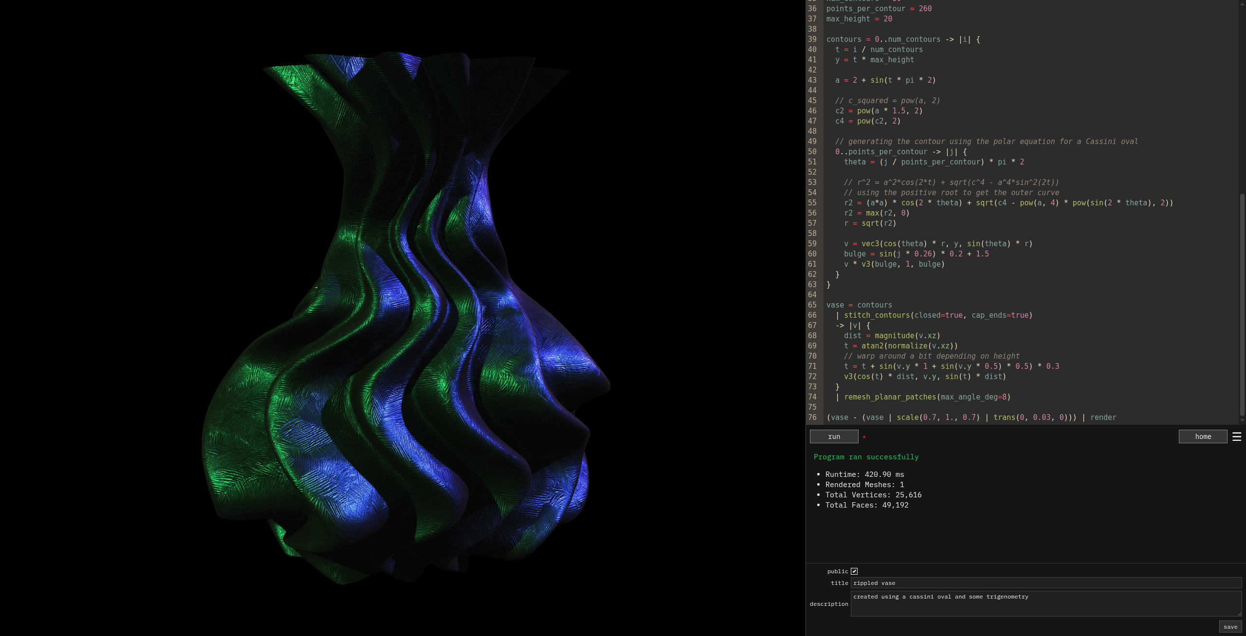 A screenshot of the Geotoy web UI showing the editor view for a composition. There’s a canvas view on the left showing a rippled vase-like shape, textured with a mineral-like pattern and bathed in green and blue light. There’s a code editor on the right side containing the Geoscript source code used to generate the vase.