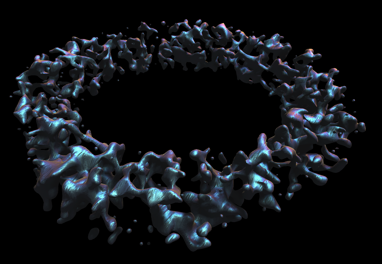 A screenshot of a mesh generated using the code above which uses the alpha_wrap function. It creates a shape that looks like a ring of liquid metal floating in zero gravity.